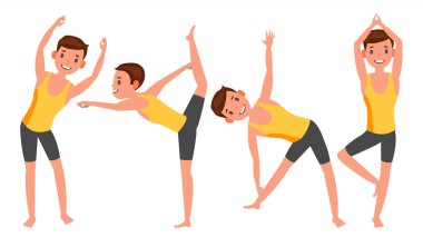 Yoga adam Set vektör teşkil etmektedir. Kız. Yoga Poses. Yoga egzersiz yapıyor. Düz çizgi film illüstrasyon