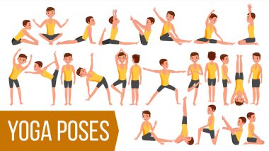Yoga adam Set vektör teşkil etmektedir. Gevşeme ve meditasyon. Germe ve büküm. Pratik. Vücut farklı teşkil etmektedir. Çizgi film karakteri illüstrasyon