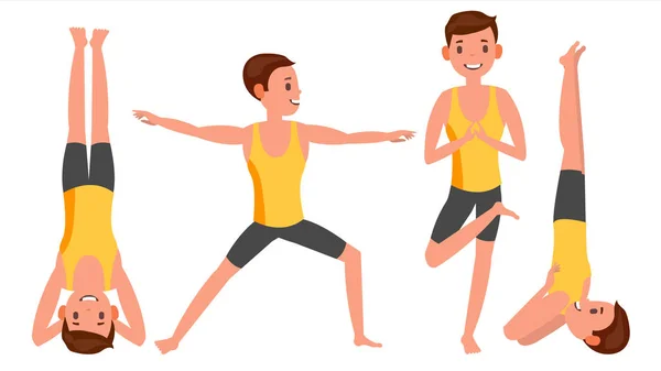 Yoga Man vormt instellen mannelijke Vector. Yoga cijfers, silhouetten. Verschillende posities. Geïsoleerd plat Cartoon karakter illustratie — Stockvector