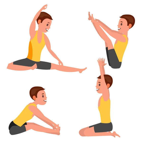 Vector masculino de yoga. En acción. Posiciones de meditación. Chica flexible. Ilustración de personajes de dibujos animados — Archivo Imágenes Vectoriales