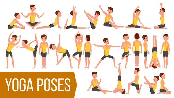 Yoga Man vormt instellen Vector. Ontspanning en meditatie. Rekken en draaien. Beoefenen. Lichaam In verschillende Poses. Cartoon karakter illustratie — Stockvector