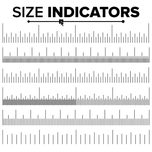 Indicador de tamanho Set Vector. Distâncias da Escala de Régua. Graduação. Unidades indicadoras de tamanho. Centímetro e polegadas. Ilustração isolada —  Vetores de Stock