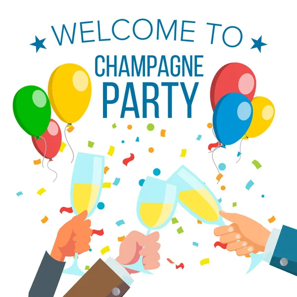 Champagnes Office partij Vector. Champagnefles, Confetti explosie. Hand met bril. Geïsoleerde illustratie — Stockvector