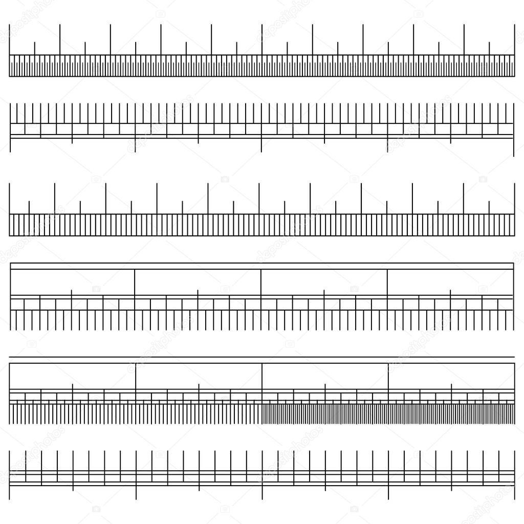 Size Indicator Set Vector. Black Horizontal Measure. Ruler Graduation. Different Unit Distances. Isolated Illustration