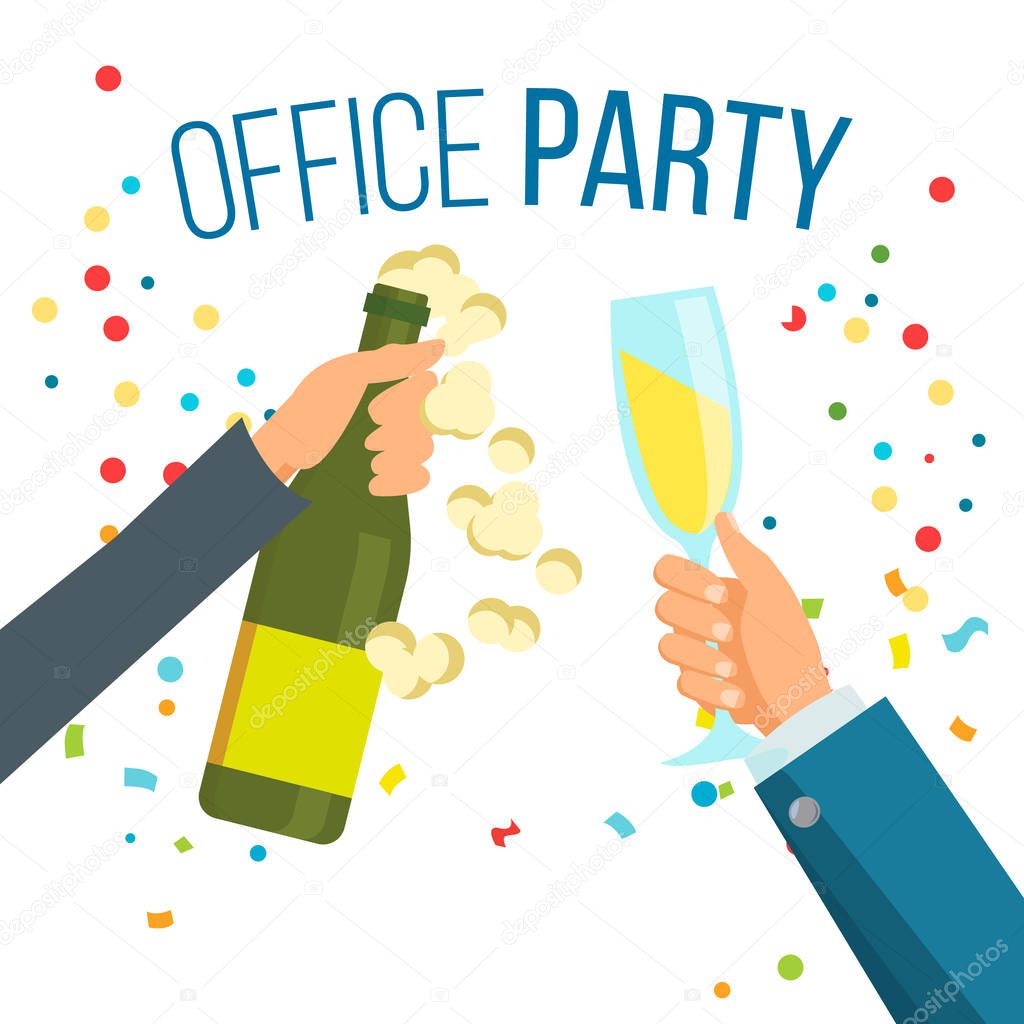 Champagnes Party Vector. Champagne, Confetti Explosion. Hand With Glasses. Isolated Illustration