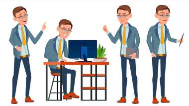 Office alt vektör. Duygular, çeşitli hareketler karşısında. Yetişkin bir erkek. Başarılı şirket yöneticisi, katip, hizmetçi. Düz karakter illüstrasyon izole