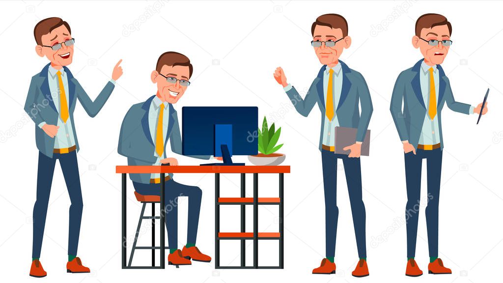 Office Worker Vector. Face Emotions, Various Gestures. Adult Business Male. Successful Corporate Officer, Clerk, Servant. Isolated Flat Character Illustration