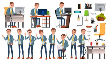 Office alt vektör. Duygular, çeşitli hareketler karşısında. İşadamı kişi. Gülümseyen Executive, hizmetçi, işçi, memur bey. İzole karakter çizimi