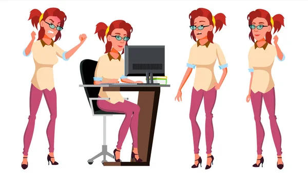 Office Worker Vector. Woman. Successful Officer, Clerk, Servant. Poses. Adult Business Woman. Face Emotions, Various Gestures. Isolated Flat Cartoon Illustration — Stock Vector