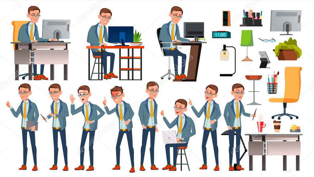 Office Worker Vector. Face Emotions, Various Gestures. Businessman Person. Smiling Executive, Servant, Workman, Officer. Isolated Character Illustration