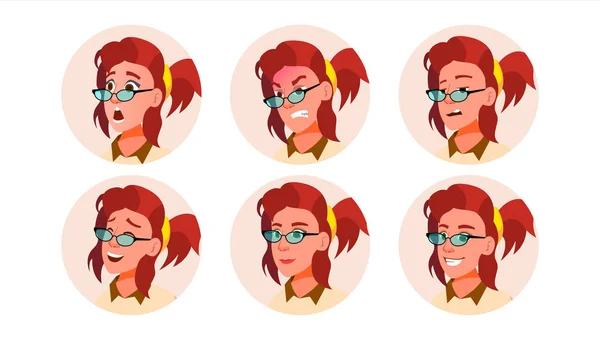 Avatar Woman Vector. Emosi Komik. Wanita cantik. Berbagai Kepala. Komunikasi. Ilustrasi Karakter Kartun Terisolasi - Stok Vektor
