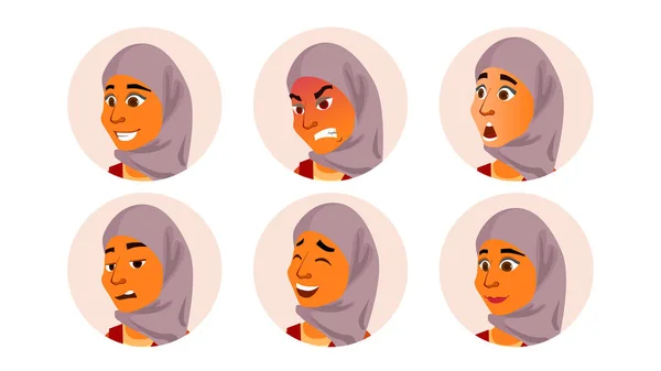 Arab Avatar Woman Vector. Facial Emotions. Traditional Clothes.Islamic. Hijab. Arab, Muslim. User Portrait. Scared, Aggressive. Happiness, Unhappy. Modern Employer. Isolated Flat Cartoon Illustration — Stock Vector