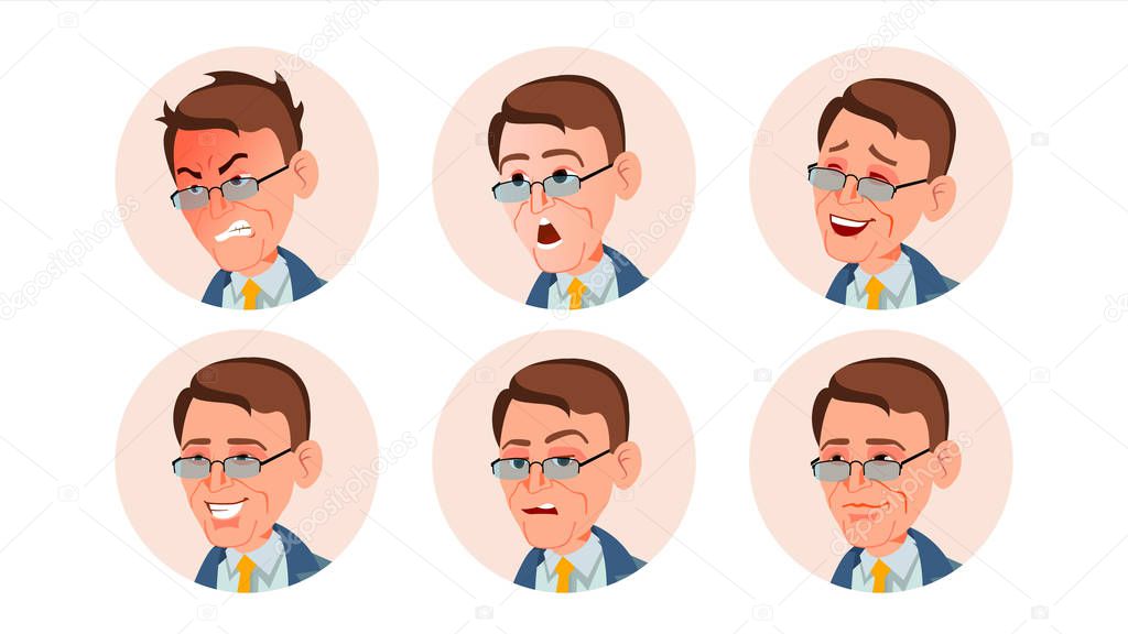 Business Avatar Man Vector. Comic Emotions. Beautiful Male. Laugh, Angry. Happiness, Unhappy. Isolated Cartoon Character Illustration