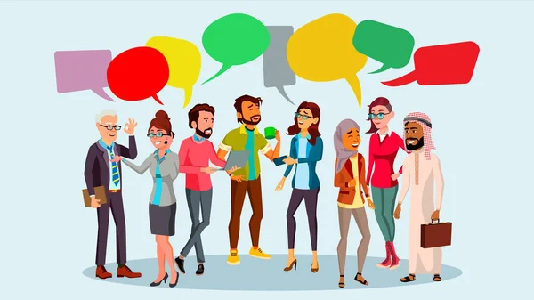 People Group Chat Vector. Bulle de communication. Travail d'équipe. Style de vie au bureau. Message. Bulles de discours. Illustration — Image vectorielle