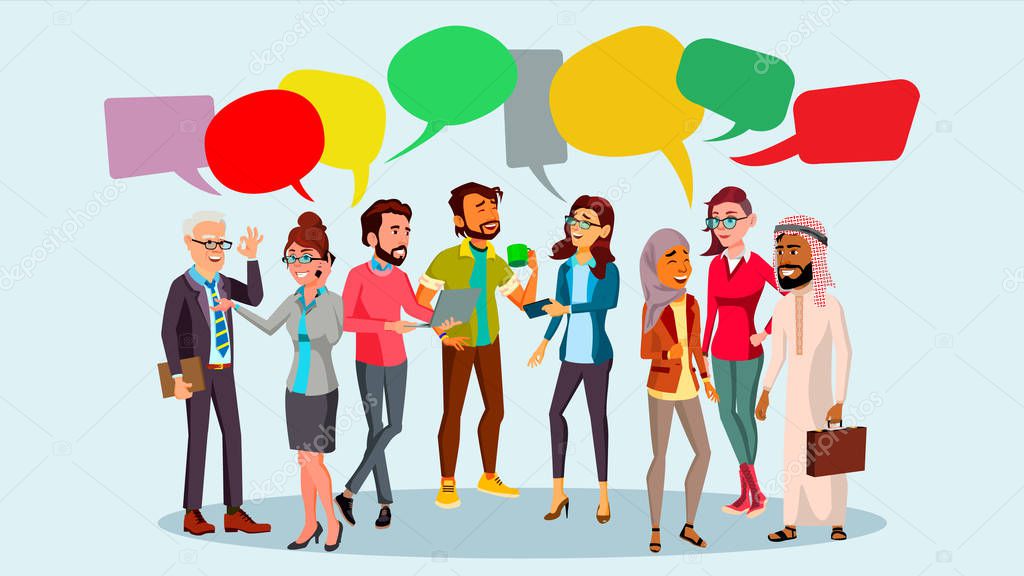 People Group Chat Vector. Communication Bubble. Teamwork. Office Lifestyle. Message. Speech Bubbles. Illustration