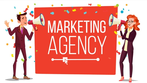 Marketing agency Banner Vector. Inbound, Outbound Marketing Banner. Male, Female With Megaphone, Loudspeaker. Place For Text. Isolated Illustration — Stock Vector