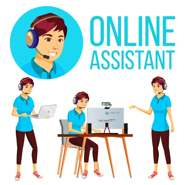 Assistente Online Asian Woman Vector Serviço Suporte Usuário Operador Linha —  Vetores de Stock