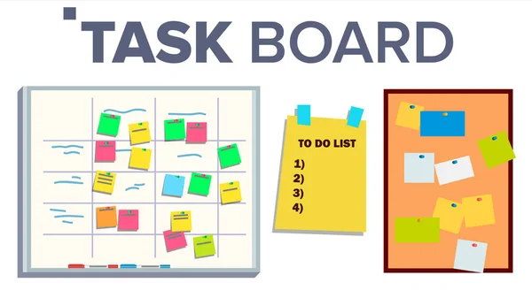 Task Board Set Vektor. Aufkleber-Zettel. Gedränge. Aufgaben für Teamarbeit. Fortschritt Whiteboard. Vereinzelte Illustration — Stockvektor