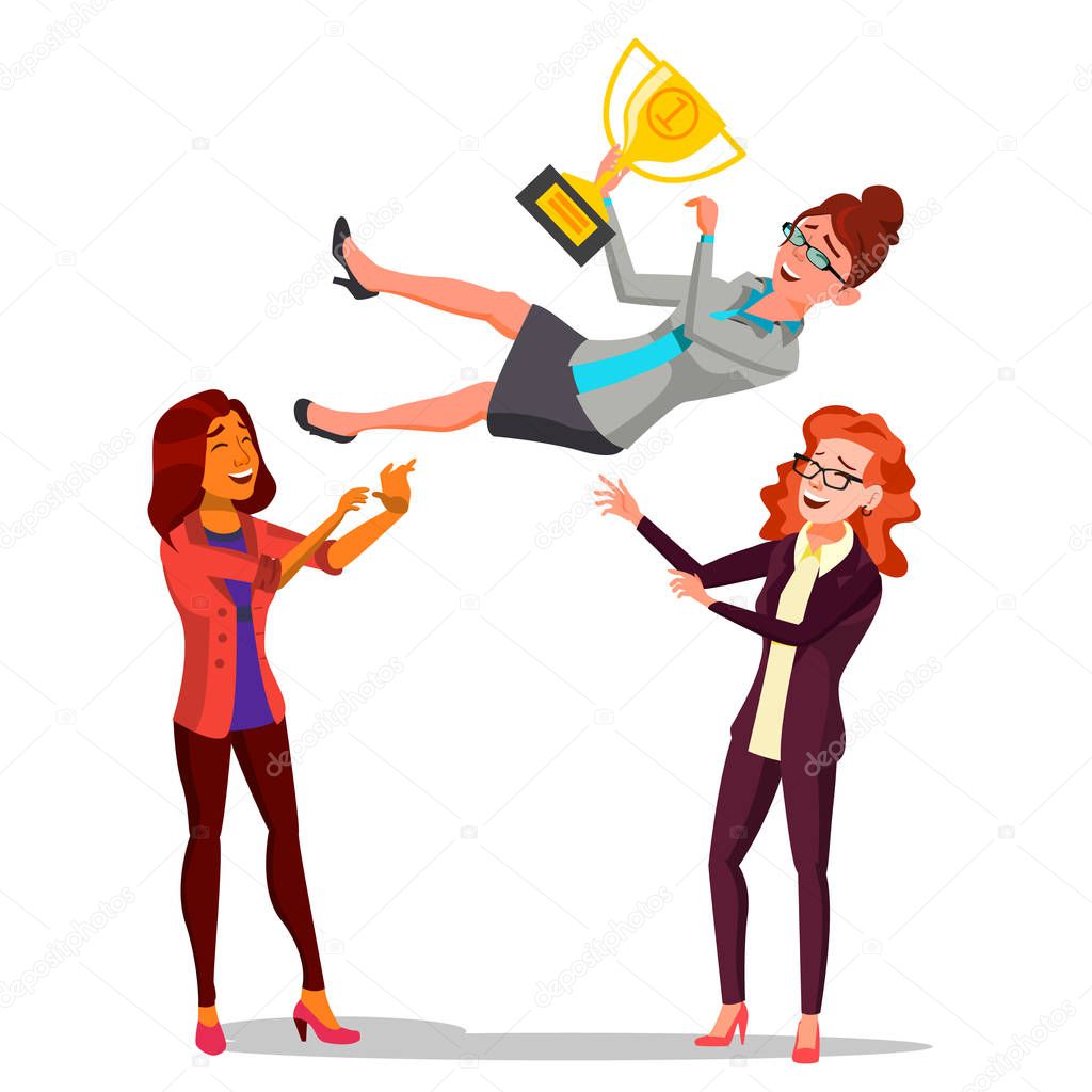 Winner Business Woman Vector. Throwing Colleague Up. Colleague Celebrating Goal Achievement. Holding Golden Cup. Champion Number One. Flat Cartoon Illustration