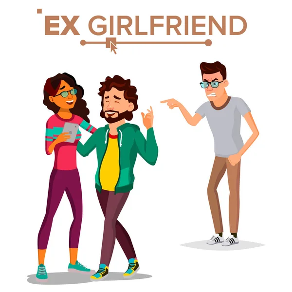 Ex-namorada Vector. Um casal. Problema de Estilo de Vida. Homem infeliz. Frustrado. Ex-amante. Ciúme, Triângulo do Amor. Ilustração plana isolada dos desenhos animados — Vetor de Stock