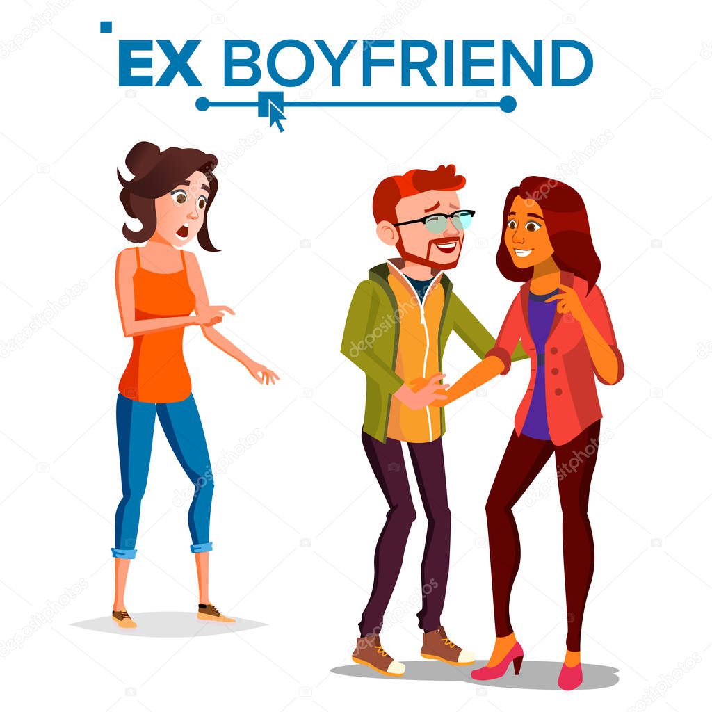 Ex Boyfriend Vector. Young Couple. Past Relationship Concept. Unhappy Woman. Divorce. Jealousy, Love Triangle. Isolated Flat Cartoon Illustration