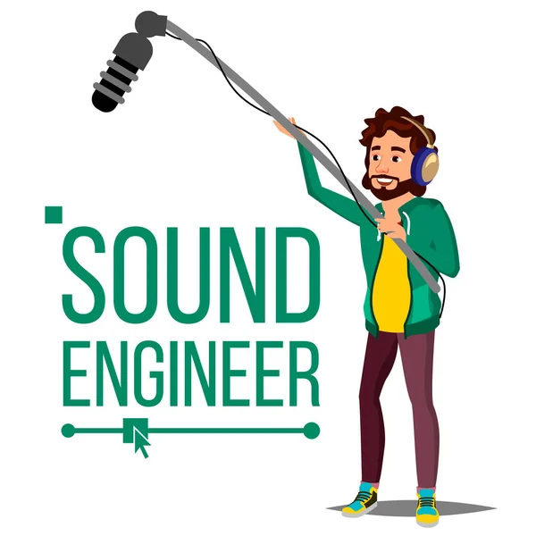 Sound Engineer Man Vector. Audio Recording Process. Journalist. Microphone. Isolated Cartoon Illustration — Stock Vector