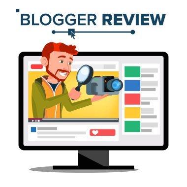 Blogger video vektör test. Blog kanal. Adam popüler Video flama Blogger. Kavramı gözden geçirin. Online canlı yayın. Web arayüzünde. Yeni fotoğraf makinesi ile işlevsel sınama. İllüstrasyon