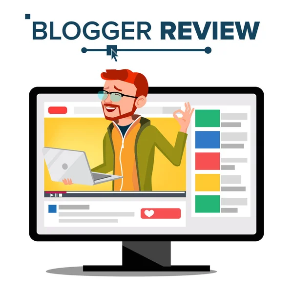 Blogger Review Concept Vector. Blog videokanaal. Man populaire Video Streamer Blogger. Opname. Online Live uitzending. Het testen van functionele met nieuwe Laptop. Cartoon afbeelding — Stockvector