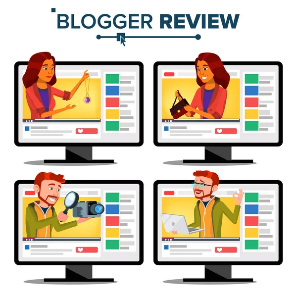 Blogger İnceleme kavramı vektör. Video Blog kanal. Adam, kadın popüler Video flama Blogger. Kayıt. Online canlı yayın. İşlevsel sınama. Moda. Karikatür çizim