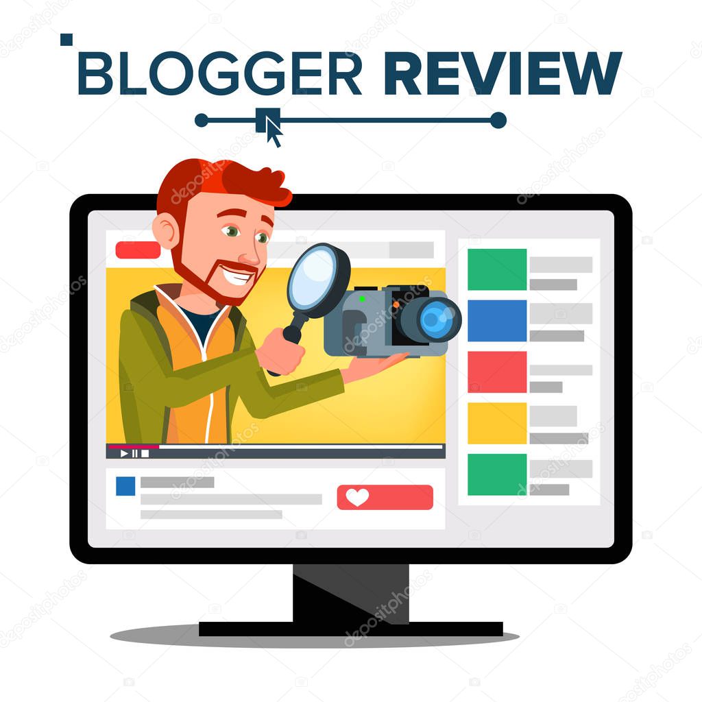 Testing Video Blogger Vector. Blog Channel. Man Popular Video Streamer Blogger. Review Concept. Online Live Broadcast. In Web Interface. Testing Functional With New Camera. Illustration