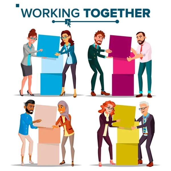 Trabajando juntos Concepto Vector. Comunicación, cooperación. Empresario y mujer de negocios. Trabajo en equipo. Colectivo exitoso. Día ocupado. Compañeros de trabajo. Gente de negocios. Ilustración de dibujos animados aislados — Vector de stock