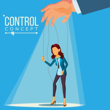 Manipulation Business Woman Vector. Marionette Concept. Worker On Ropes. Dishonestly Under The Influence Of Boss. Unfair. Cartoon Illustration clipart