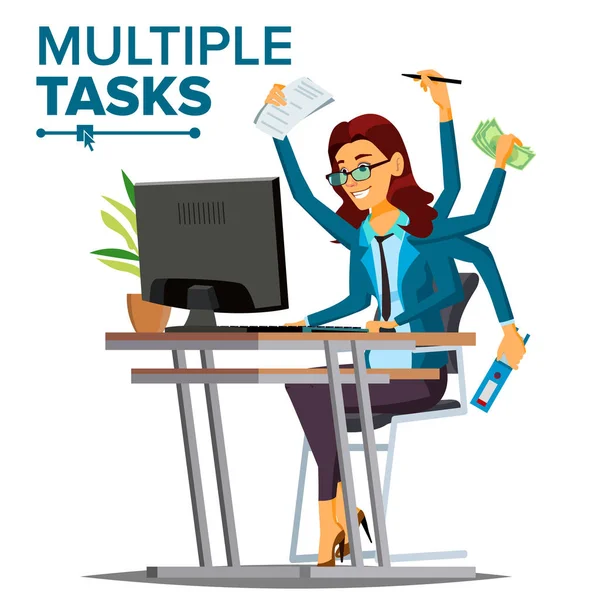 Múltiplas Tarefas Business Woman Vector. Muitas mãos simultaneamente. Ocupação financeira. Trabalhador talentoso. Ilustração de desenhos animados plana —  Vetores de Stock