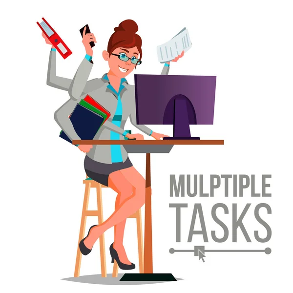 Vector de mujer de negocios de múltiples tareas. Muchas manos haciendo tareas. Ocupación profesional. Ilustración plana de dibujos animados — Vector de stock