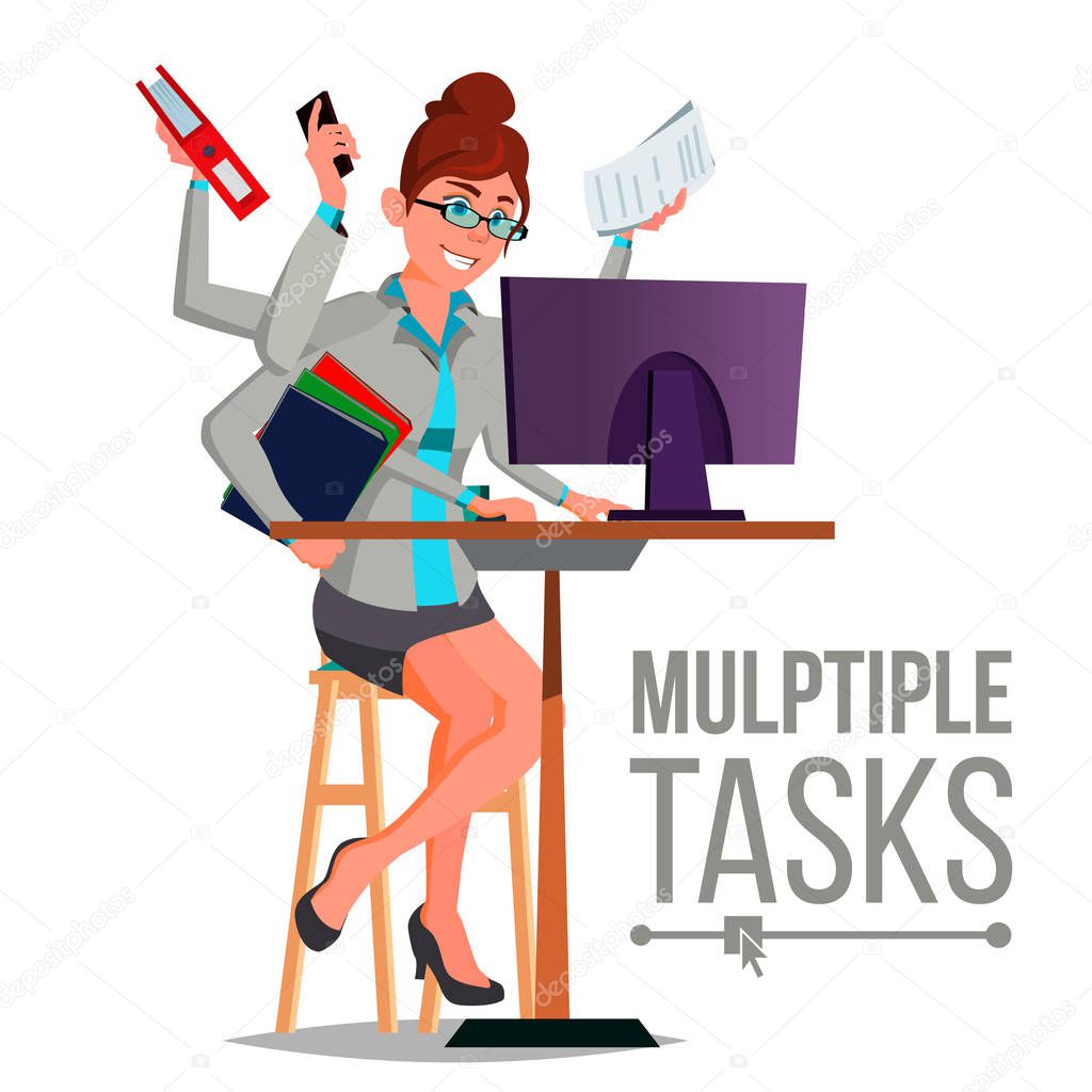 Multiple Tasks Business Woman Vector. Many Hands Doing Tasks. Professional Occupation. Flat Cartoon Illustration