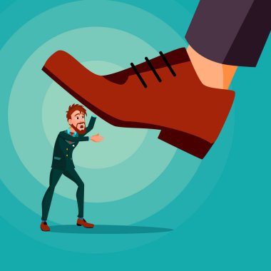 Koca ayak üzerinde işadamı vektör Stepping. Ayakkabılar. Stomping ayak. Ezilen. Çatışma strateji. Karikatür çizim