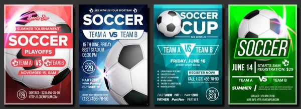 Futbol oyun Poster Set vektör. Modern futbol turnuvası. Spor Bar, Pub promosyon için tasarım. Futbol topu. Spor olay. Rekabet duyuru. Banner reklam. Şablon çizimi — Stok Vektör