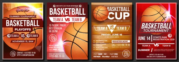 Pallacanestro Poster Set Vector. Progettazione per la promozione di barra di sport. Pallone da basket. Torneo. Annuncio evento sportivo. Pubblicità banner. Volantino di gioco, illustrazione modello volantino — Vettoriale Stock