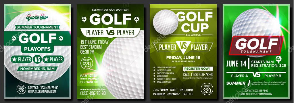 Golf Poster Set Vector. Design For Sport Bar Promotion. Golf Ball. Modern Tournament. Sport Event Announcement. Banner Advertising. Championship Template Illustration