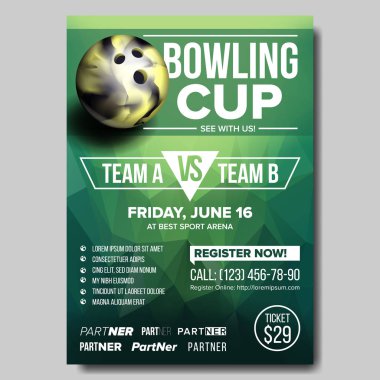 Poster vektör Bovling. Bovling topu. Spor Bar promosyon için dikey tasarım. Turnuva, şampiyonluk el ilanı tasarımı. Bowling Club el ilanı. PIN. Davet etiket boş illüstrasyon