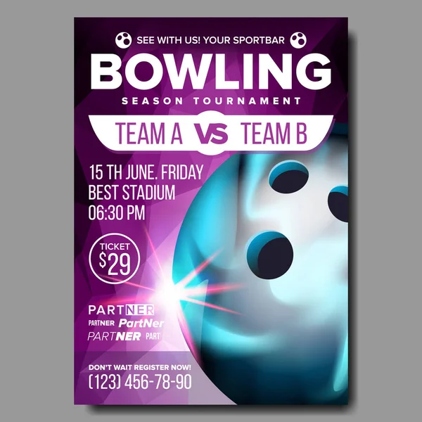 Bowling Poster Vector. Sport Event Announcement. Club Banner Advertising. Professional League. Vertical Sport Invitation Template. Strike. Pub, Cafe, Event Label Illustration