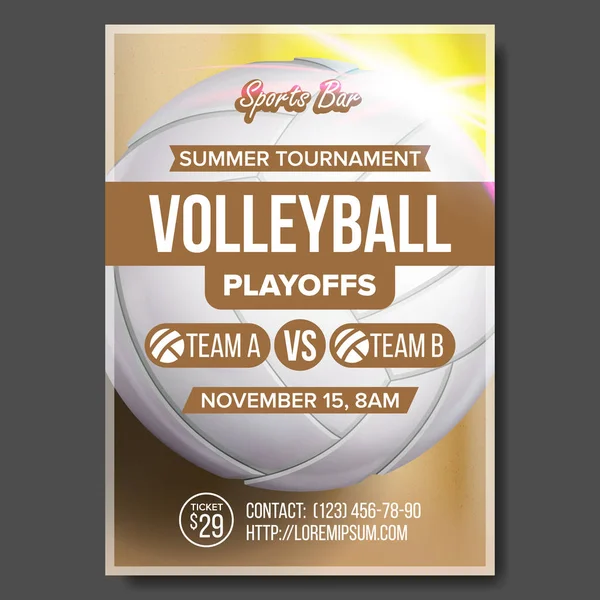 Volleyball Poster Vector. Volleyball Ball. Sand Beach. Design For Sport Bar Promotion. Vertical Volleyball Club. Cafe, Pub Flyer. Summer Game. Championship Blank Invitation Illustration — Stock Vector