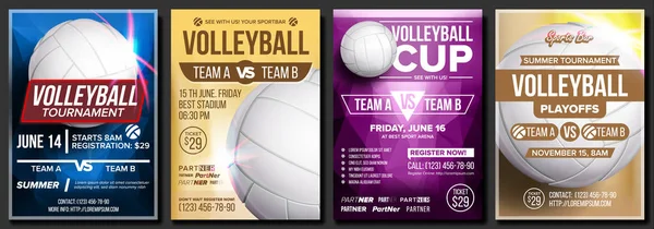 Volleyball-Plakatset Vektor. Design für Cafe, Pub, Sportbar Promotion. Volleyball. vertikales modernes Turnier. Sport-Event-Ankündigung. Strand, Netz. Banner-Werbung. Vorlagenillustration — Stockvektor