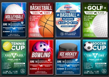 Spor Poster Set vektör. Basketbol, tenis, futbol, futbol, Golf, beyzbol, buz hokeyi, Bovling. Spor Bar promosyon için dikey tasarım. Turnuva el ilanı. Kulüp Banner boş davet illüstrasyon
