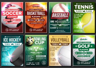 Spor Poster vektör. Futbol, tenis, Golf, Bowling, beyzbol, buz hokeyi, basketbol. Olay tasarım şablonu. Spor Bar Promo, Bowling topu. Turnuva A4 Şampiyonası el ilanı duyurusu illüstrasyon