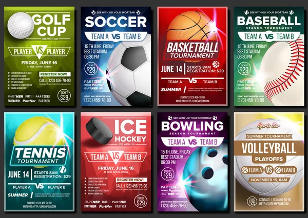 Deporte Poster Set Vector. Tenis, Baloncesto, Fútbol, Golf, Béisbol, Hockey sobre hielo, Bolos. Anuncio del evento. Plantilla de banner Publicidad. Liga. Torneo. Vertical Sport Invitación Ilustración — Vector de stock