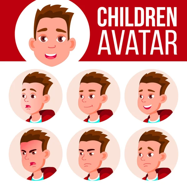 Διάνυσμα σύνολο παιδί Avatar αγόρι. Γυμνάσιο. Πρόσωπο συναισθήματα. Χρήστη, χαρακτήρα. Διασκέδαση, χαρούμενα. Καρτούν εικονογράφηση κεφάλι — Διανυσματικό Αρχείο