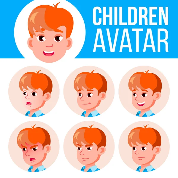 Boy Avatar Set Kid vektor. Základní škola. Tvář emoce. Uživatel, charakter. Děti, pozitivní. Comic, www. Kreslený obrázek hlavy — Stockový vektor
