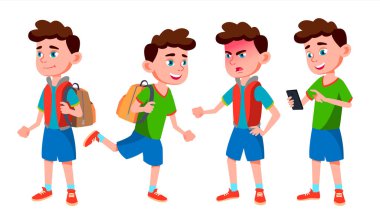 Çocuk okul çocuğu çocuk Set vektör teşkil etmektedir. İlköğretim Okulu çocuk. Neşeli öğrenci. Arkadaşlar. Hayat, duygusal. Afiş, el ilanı, Web tasarımı için. İllüstrasyon izole karikatür
