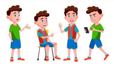 Çocuk okul çocuğu çocuk Set vektör teşkil etmektedir. İlköğretim Okulu çocuk. Konferans salonu. Dostluk. Poz, güzellik. Web, broşür, afiş tasarımı için. İllüstrasyon izole karikatür